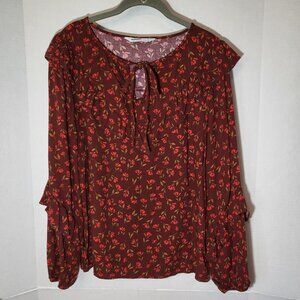 Sonoma Women's Ruffle Peasant Long Sleeve Top Size XL Burgundy w/Flowers